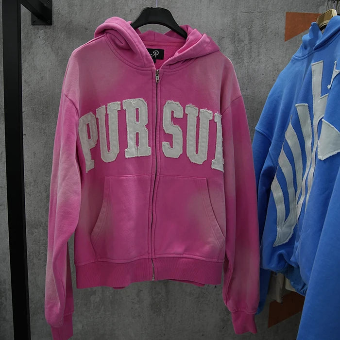 100% Cotton Heavyweight Hoodie Men Custom Applique Patched Oversized Men Sun Faded Washed Zip Up Hoodie