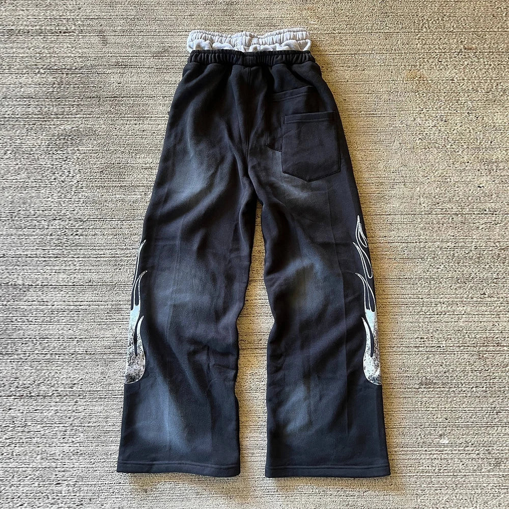 Sunfaded Vintage Washed Thick Cotton Jogger Pants Men Custom Embroidery Logo Patched Double Waisted Wide Leg Sweatpants