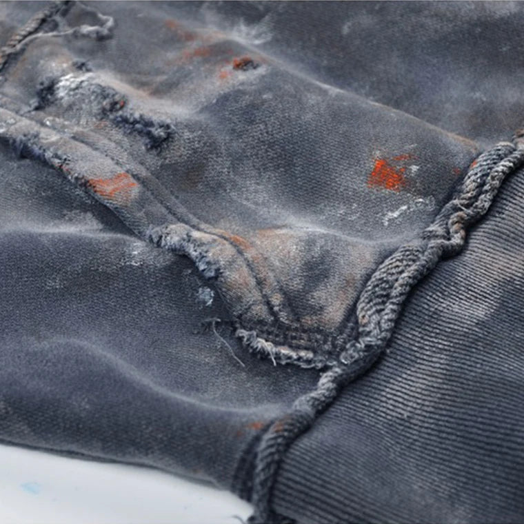 manufacturer custom men's distressed retro hoodie wholesale organic cotton vintage streetwear OEM ripped graffiti wash hoodie
