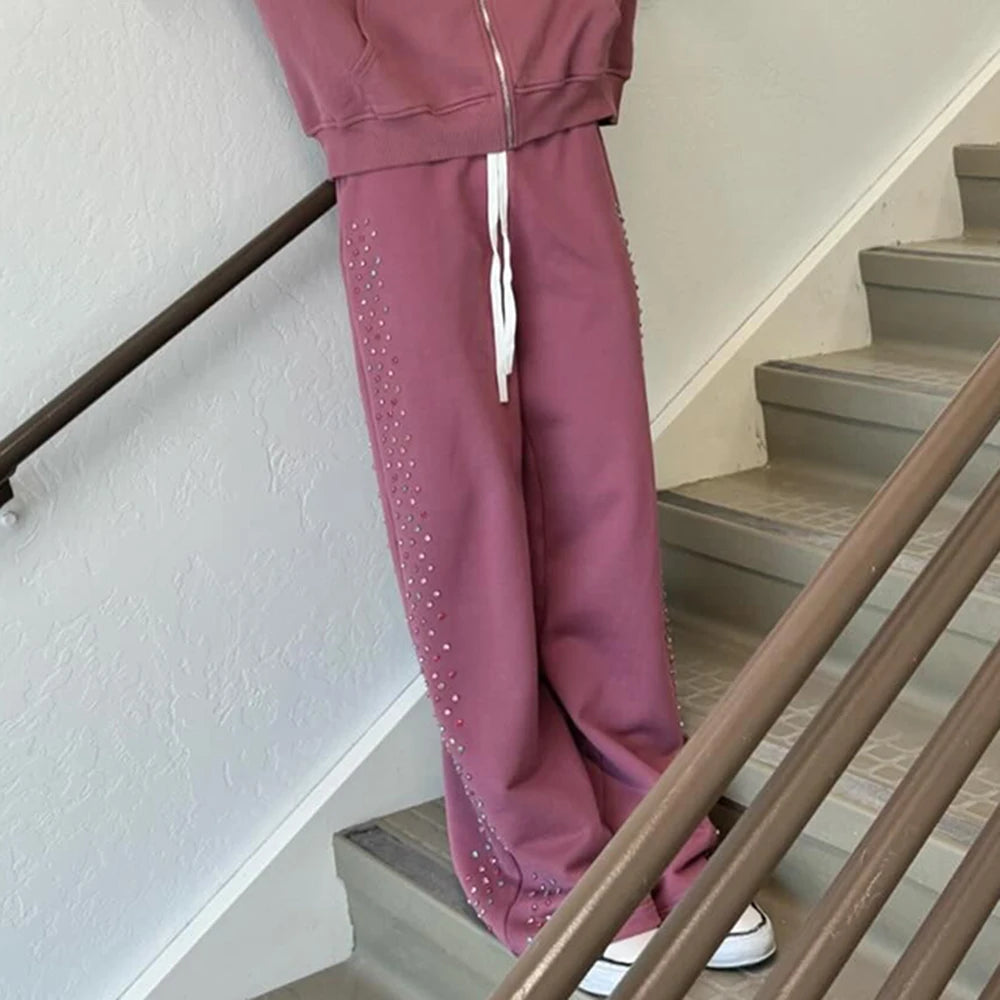 High Quality Custom Heavyweight Cotton Wide Leg Track Pants Oversized Fit Men Wide Leg Rhinestone Baggy Sweatpants