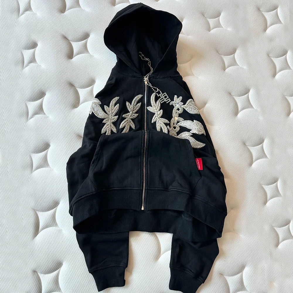 Oem High Quality Retro Washed Zip Up Hoodies Custom Oversized Fit Men Embroidery Logo Patched Rhinestone Vintage Hoodie