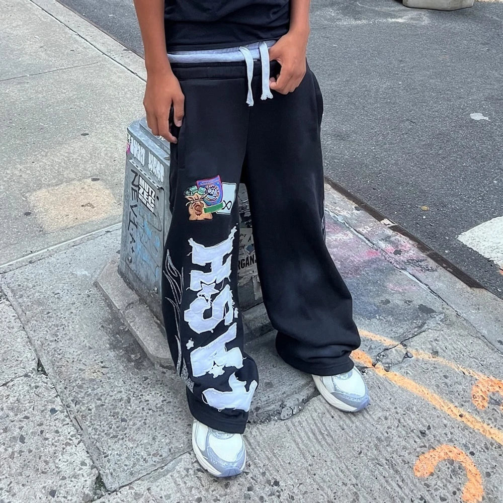 Sunfaded Vintage Washed Thick Cotton Jogger Pants Men Custom Embroidery Logo Patched Double Waisted Wide Leg Sweatpants