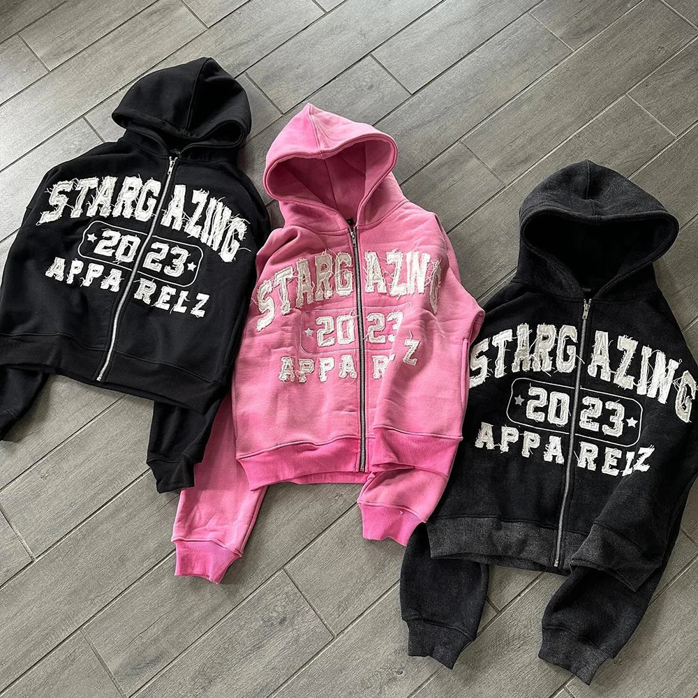 Oem High Quality Retro Washed Zip Up Hoodies Custom Oversized Fit Men Embroidery Logo Patched Rhinestone Vintage Hoodie