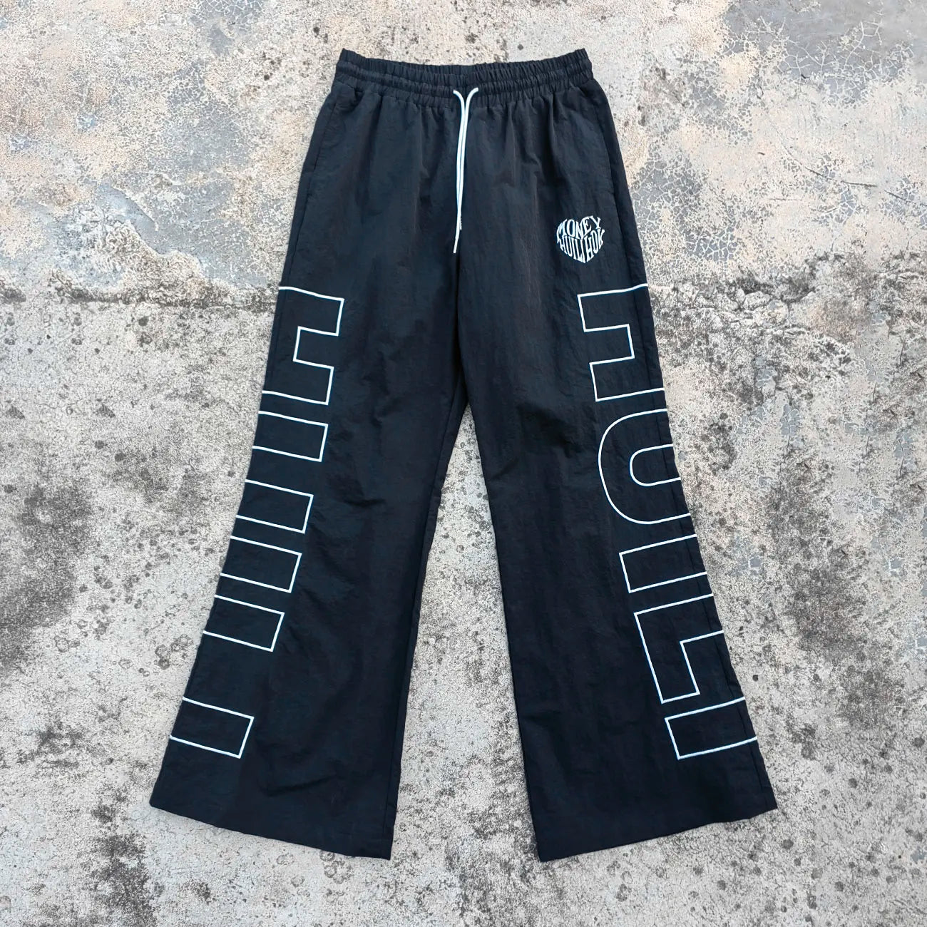 Lightweight Custom Embroidery logo Sports Nylon Track Pants Men Elastic Waist Oversized Flared Wide Leg Baggy Track Pants
