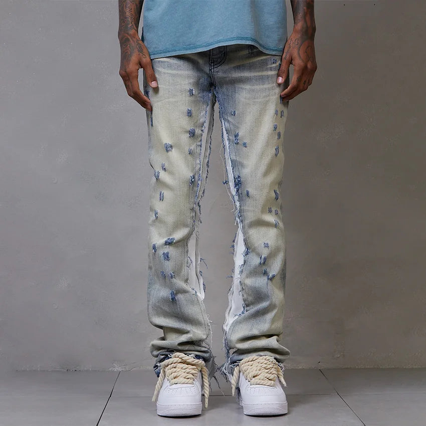 Patchwork Slim Fit Denim Jeans Men Pants Fashion Casual Wholesale Custom Ripped Stacked Flare Jeans