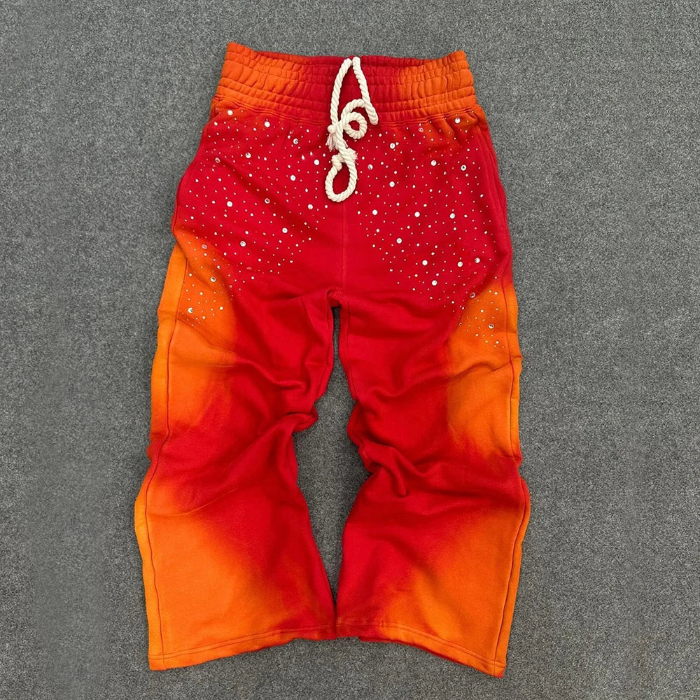 Heavyweight Cotton Sweat Pants Custom Rhinestone Sunfaded Washed Men Wide Waistband Baggy Sweatpants