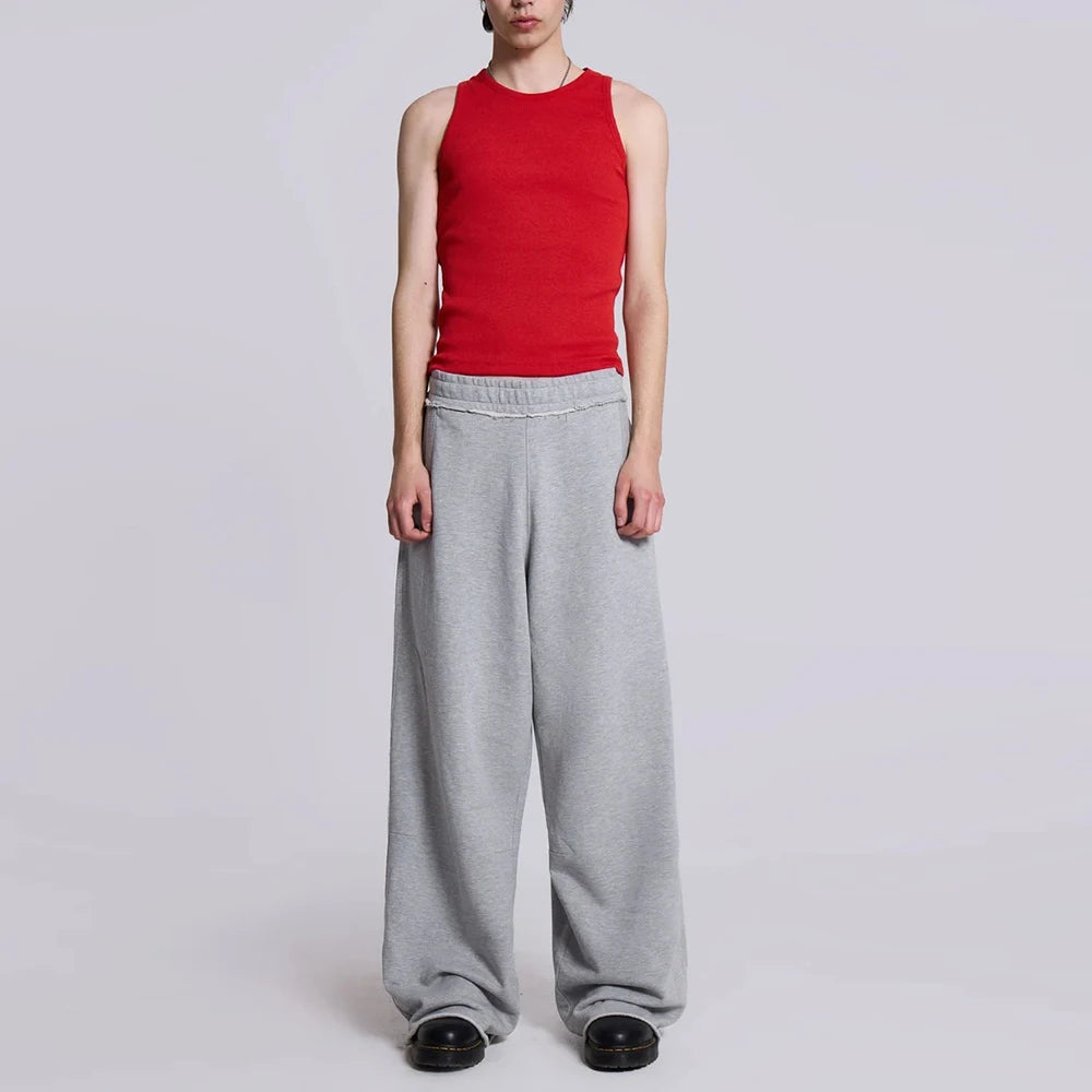 high street oversized unisex heavyweight sweat pants elastic waist solid color men baggy wide leg raw hem sweatpants