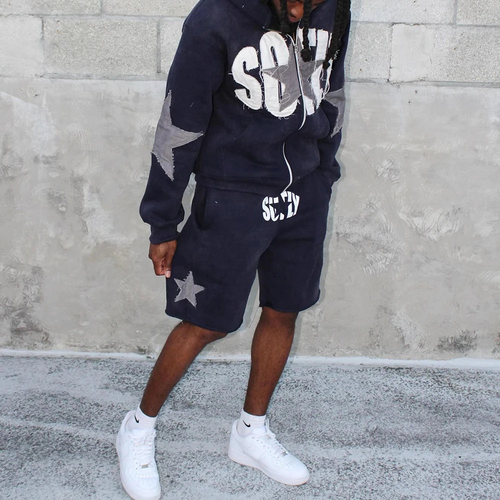 Custom Logo Print Applique Patched Embroidery Shorts Tracksuits Men Heavyweight Cotton Two Piece Hoodie Sweat Shorts Sets