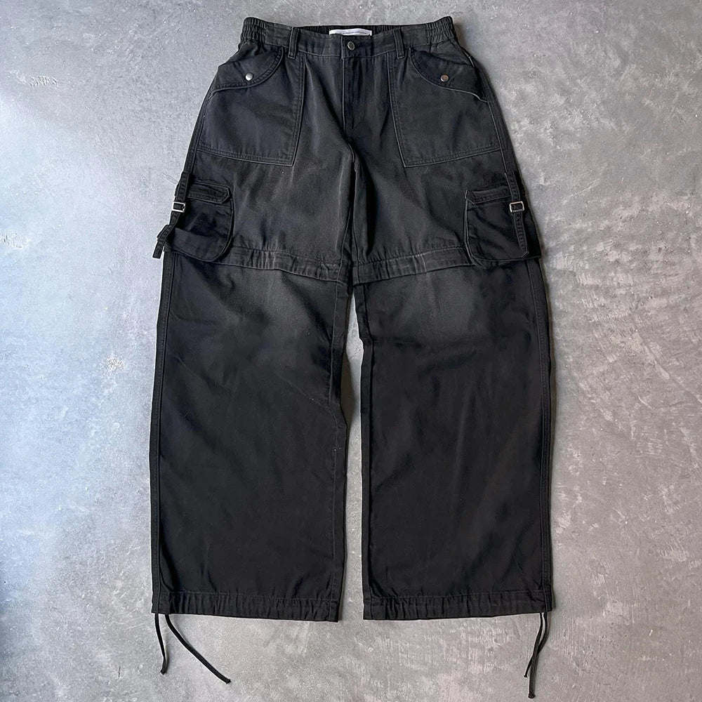 Factory New Arrival Vintage Washed Thick Cotton Black Work Pants Trousers Men Custom Wide Leg Convertible Cargo Pants