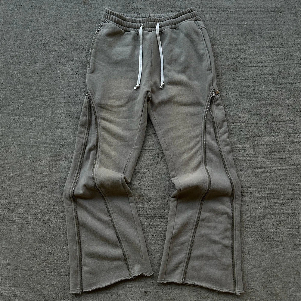 Vintage Washed Thick Cotton Streetwear Jogger Pants Custom Sun Faded Men Zipper Design Flared Leg Sweatpants