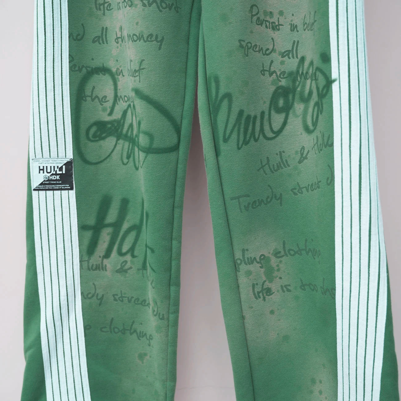 Heavyweight French Terry Joggers Pants Vintage Washed Casual Mid Sweatpants Custom Striped Trimmed Side Graffiti