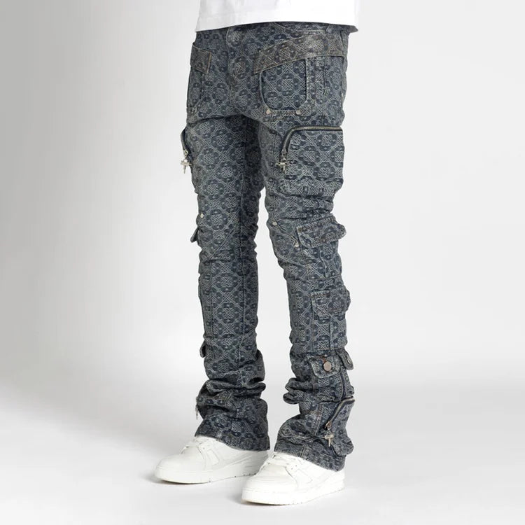 High Quality Men's Pants Straight Leg Slim Fit Stacked Jeans Factory Custom Multi Pockets Laser Printed Denim Cargo Pant Men