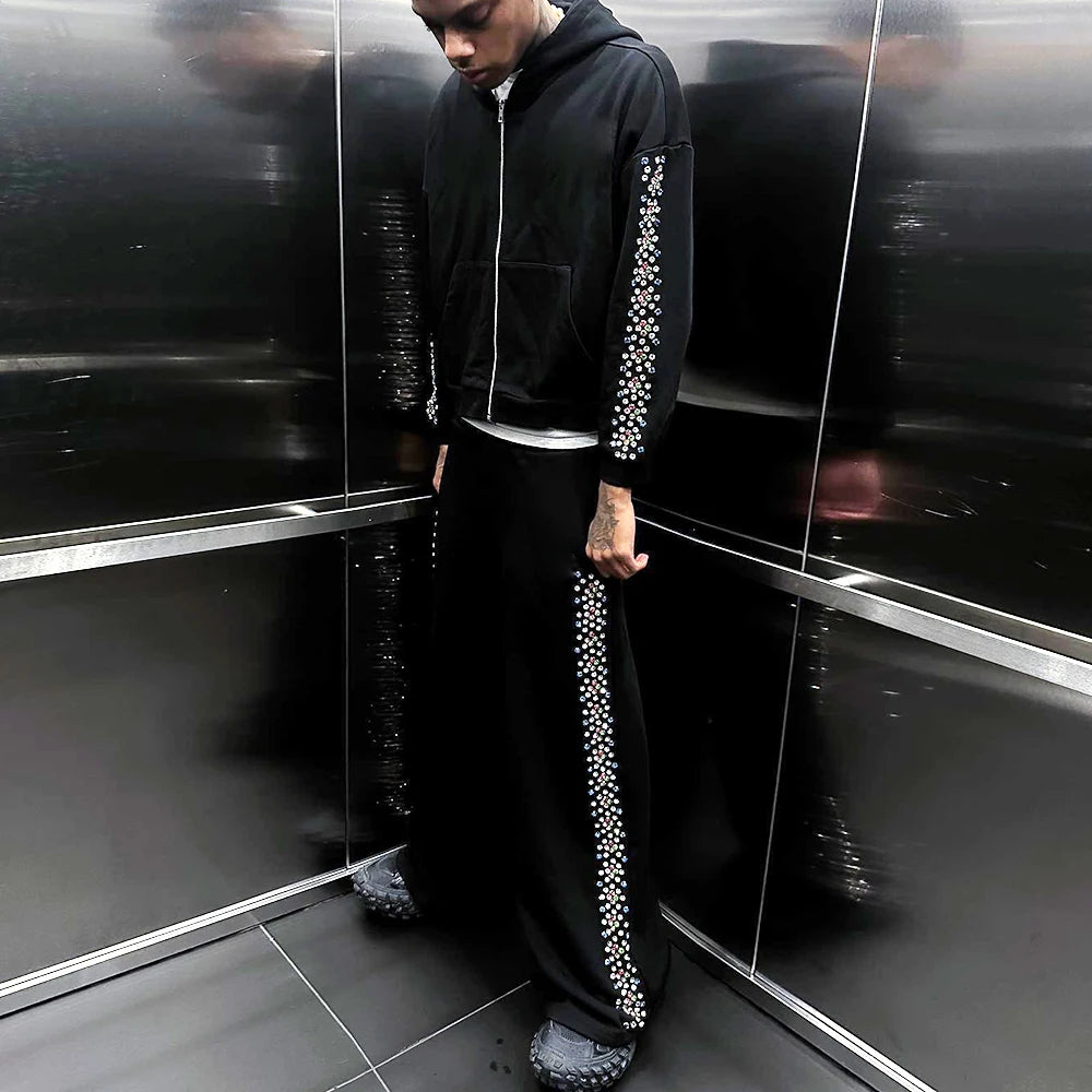 Oversized Wide Leg Sweatpants Hoodies Sets Men Custom Rhinestone Side Two Piece Streetwear Tracksuit