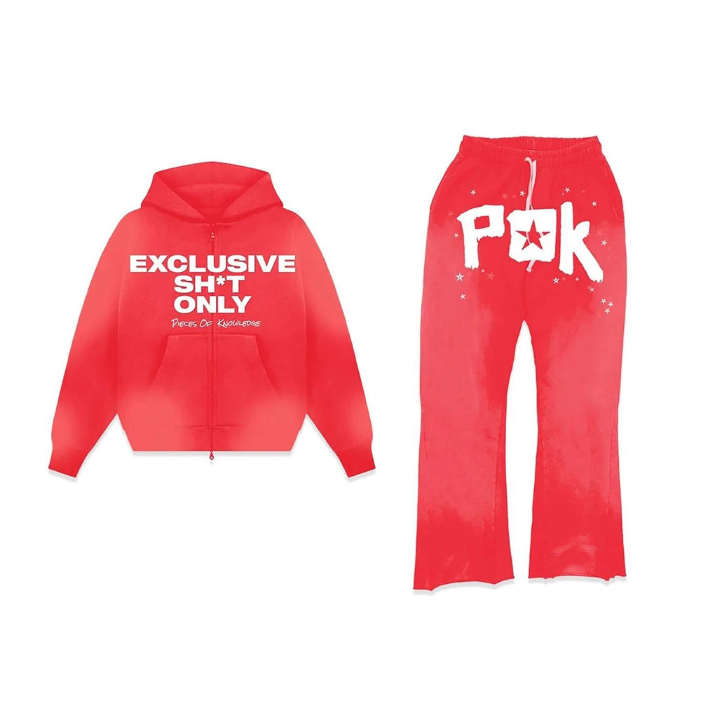 Oem Wholesale Unisex Tracksuit Streetwear Vintage Washed Two Piece Zip Up Sweatshirt Hoodie Flared Sweatpants Set