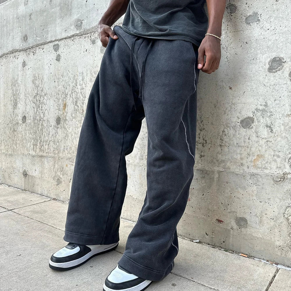 Heavyweight Cotton Jogger Pants Custom Contrast Stitching Men Adjustable Bottom Wide Leg Vintage Washed Sweatpants