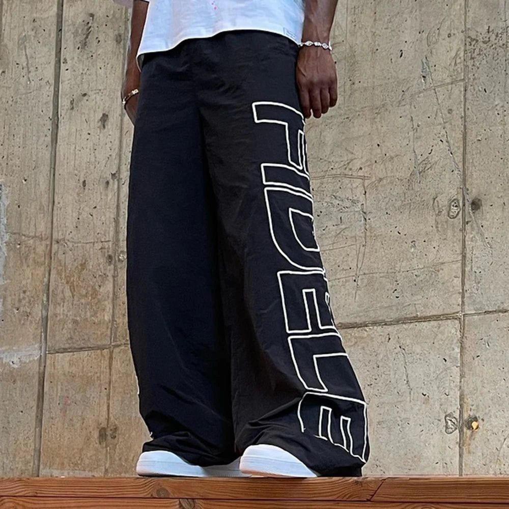 Screen Printing Logo Sportswear Windbreaker Pants Custom Elastic Waist Men Wide Leg Baggy Nylon Track Pants