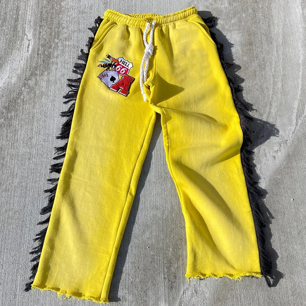 Straight Wide Leg Thick Cotton Pants Men Custom Tassel Side Design Logo Patched Embroidery Raw Hem Sweatpants