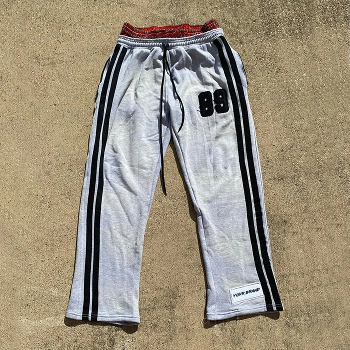 Oem Vintage Washed Stripe Sweat Pants Custom 100% Cotton Sun Faded Men Embroidery Logo Patched Double Waist Flare Sweatpants
