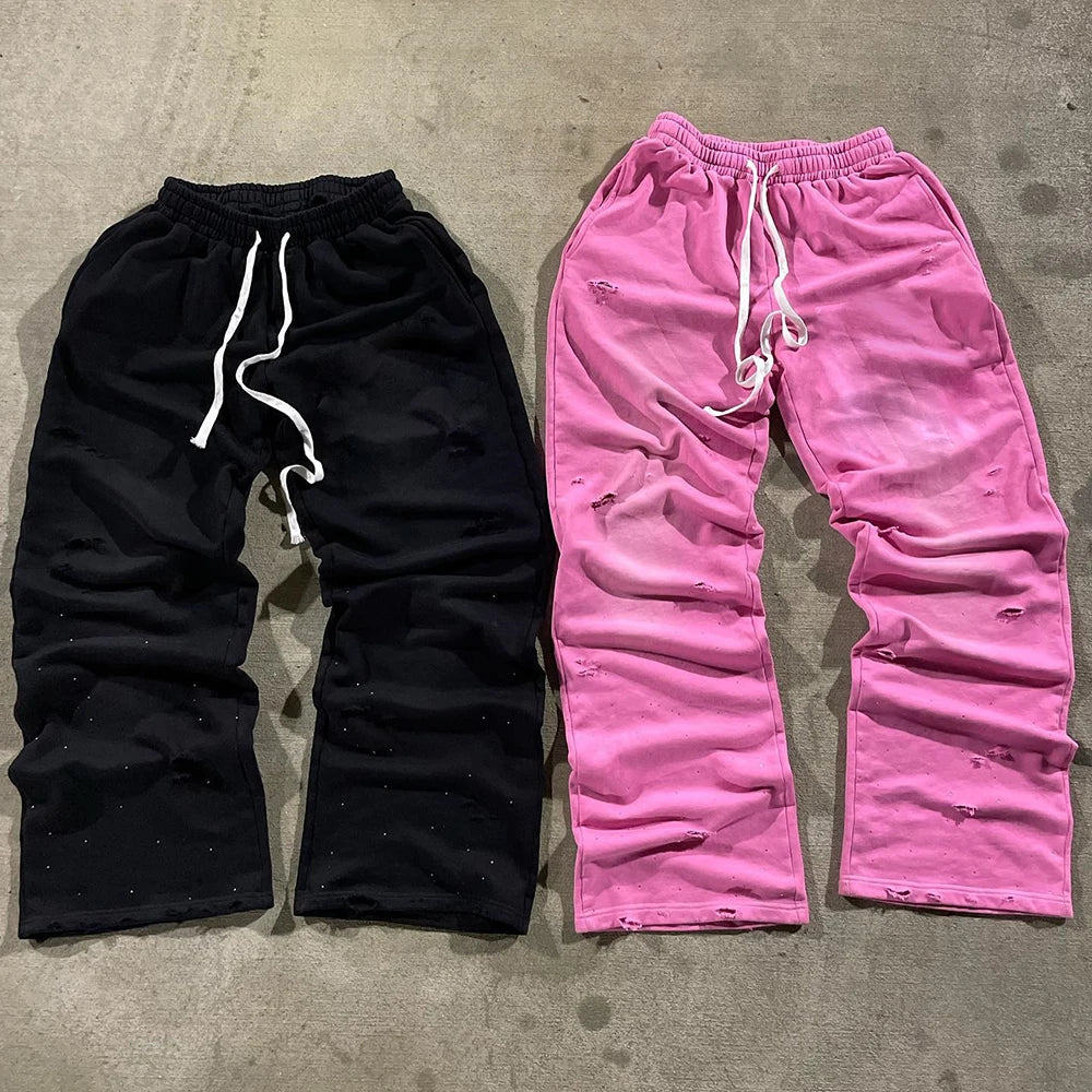 Distressed Vintage Washed Track Jogger Pants Custom Rhinestone Men Heavyweight Cotton Wide Leg Sweatpants