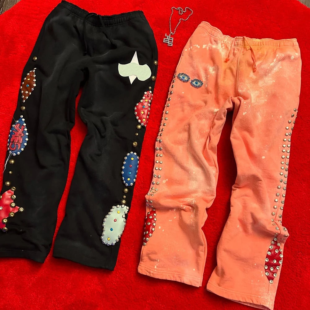 Thick Cotton Vintage Washed Sweatpants Men Custom Logo Printing Rhinestone Straight Leg Sweatpants