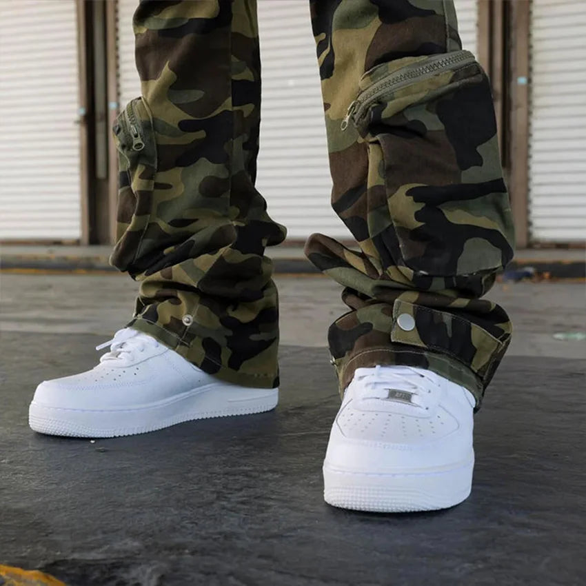 Clothing Manufacturer Jeans Men High Quality Multi- Functional Cargo Jeans Camo Pants Baggy Flare Stack Pockets Jeans
