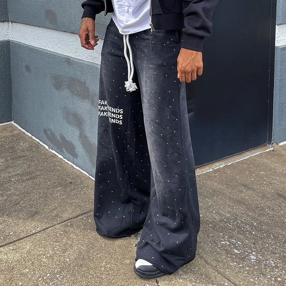 Oversized Loose Fit Vintage Sunfaded Thick Cotton Sweat Pants Custom Printing Men Rhinestone Wide Leg Baggy Sweatpants