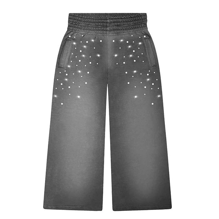 New Custom Vintage Washed Sun Faded Sweatpants Men Oversized Thick Cotton Rhinestone Straight Wige Leg Sweatpants