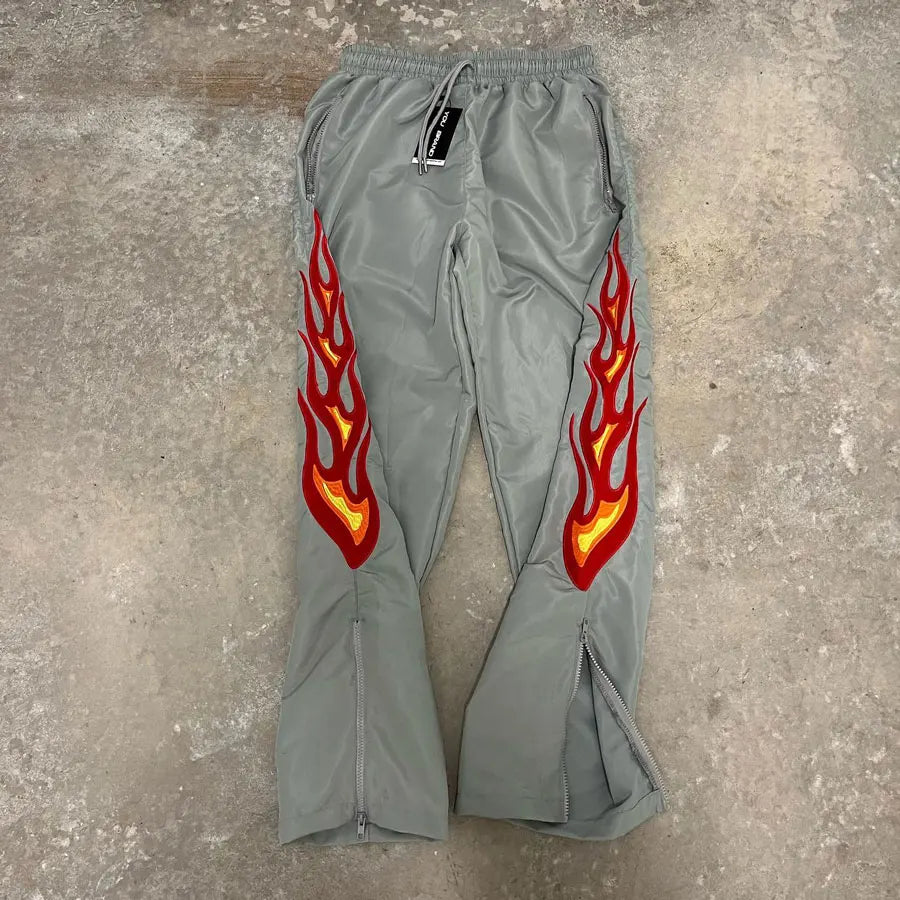 Basic Nylon Track Pants Men Custom Logo Graphic Print Zip Bottom Wide Leg Track Pants