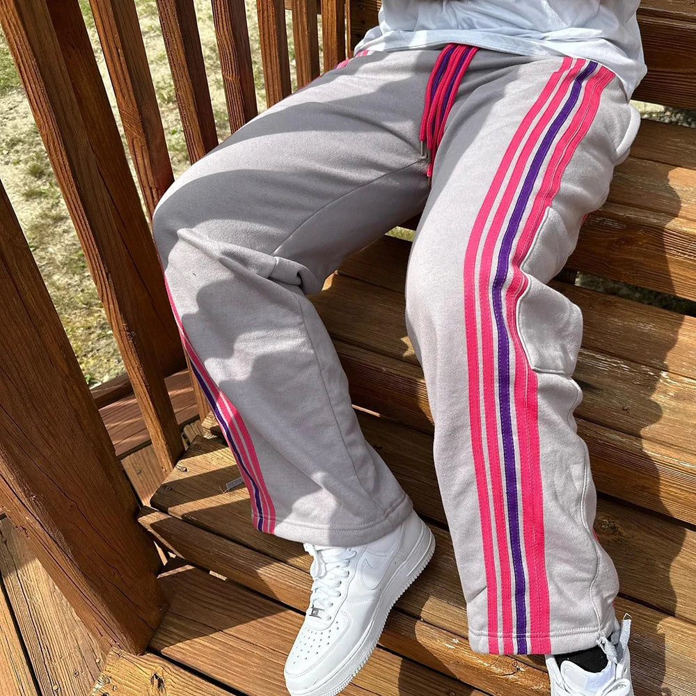 Heavyweight Cotton Straight Leg Pants Trousers Men Custom Striped Trimmed Side Drawstring Waist Sweatpants
