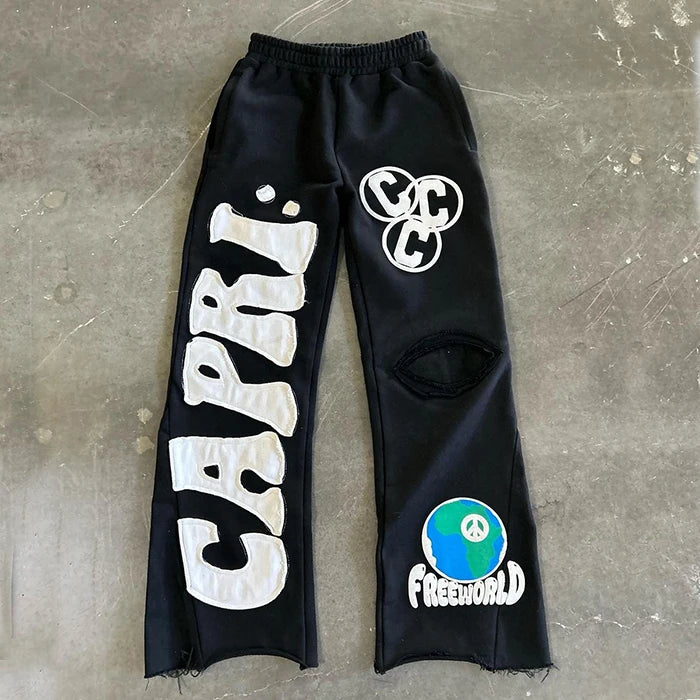 oem hevayweight 100% cotton flared sweatpants men custom embroidered applique patched open bottom wide leg sweatpants