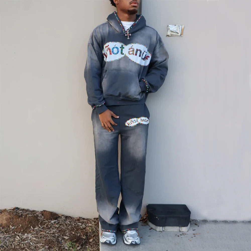 Oem Manufacturer Sunfaded Vintage Washed Two Piece Hoodie Sweatpants Sets Custom Rhinestone Men Tracksuit Sweatsuits Set