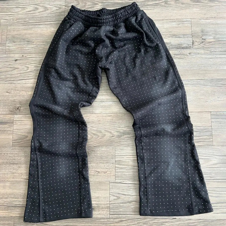 Oem Oversized Straight Wide Leg Sweatpants Men Custom Sun Faded Washed Elastic Waist Rhinestone Baggy Flared Sweat Pants