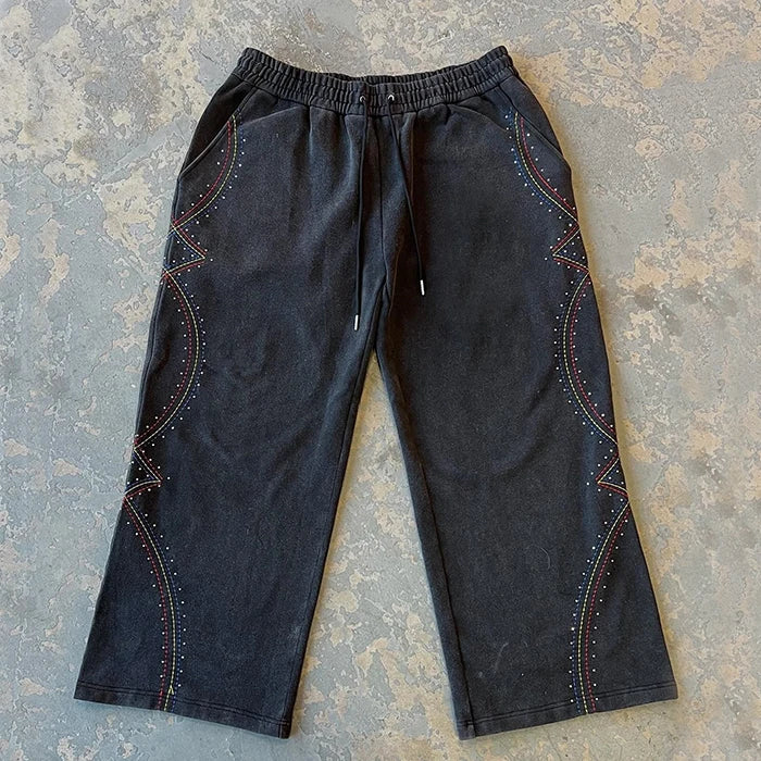Heavyweight Cotton Unisxe Oversized Straight Leg Track Sweat Pants Men Custom Rhinestone Vintage Washed Baggy Sweatpants