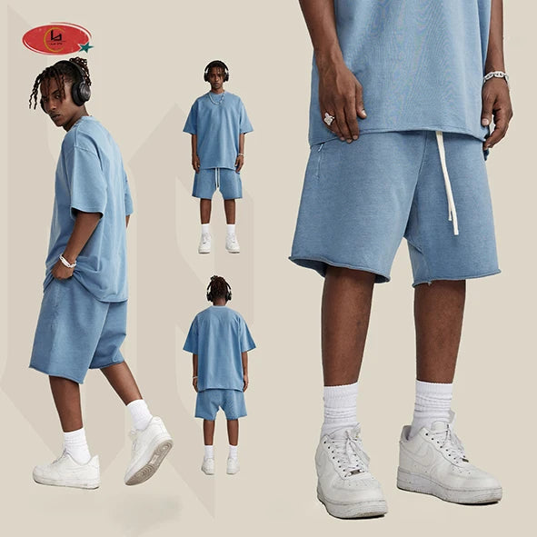 High Street 100% Cotton Sweat Shorts Men Raw Hem Vintage Washed Shorts