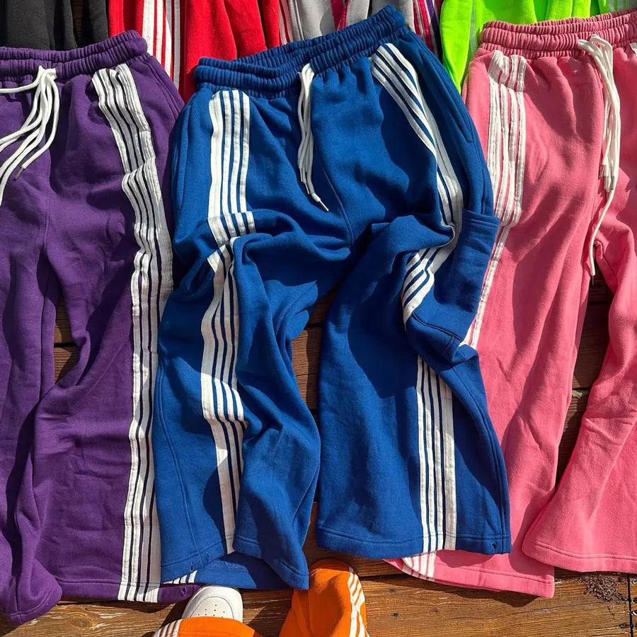 Factory Custom Striped Design Oversized Straight Leg Sweatpants Men Thick Cotton Drawstring Waist Baggy Wide Leg Pants
