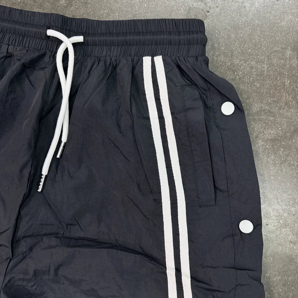Elastic Waist Unisex Nylon Pants Custom Striped Men Snap Button Side Wide Leg Track Pants