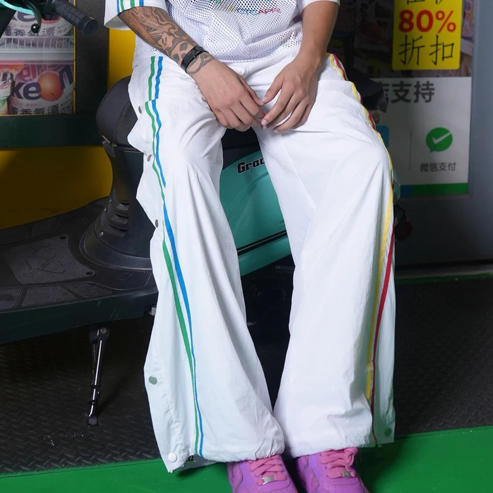 Elastic Waist Unisex Nylon Pants Custom Striped Men Snap Button Side Wide Leg Track Pants