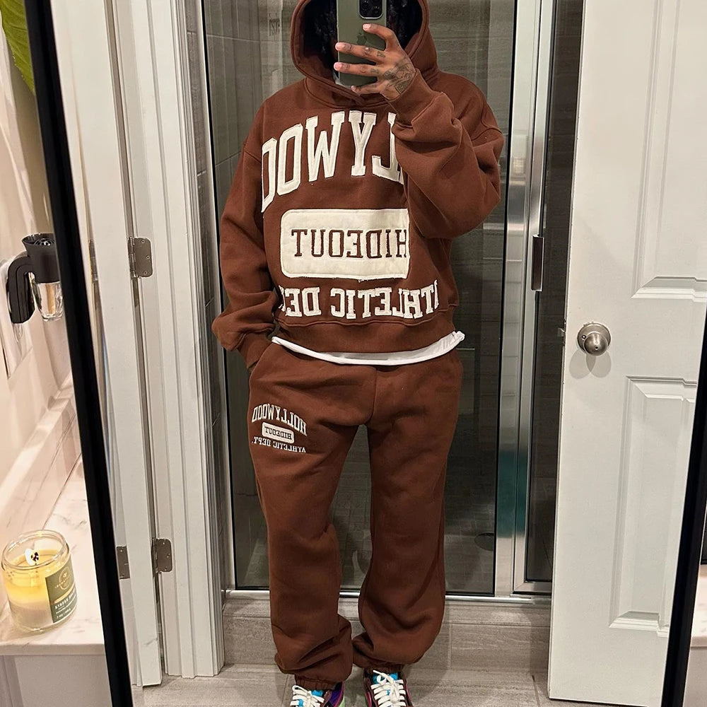 Manufacturer Custom Embroidery Patched Thick Cotton Streetwear Tracksuit Set Men Two Piece Hoodie Sweatpants Sets