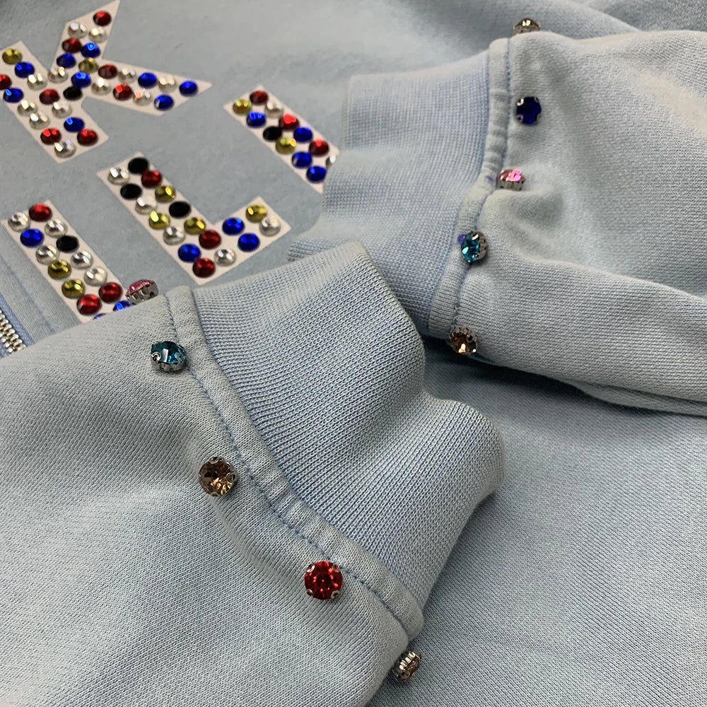 400 Gsm Heavyweight Cotton French Terry Hoodies Custom Logo Print Sunfaded Vintage Wash Men Zip Up Boxy Rhinestone Hoodie