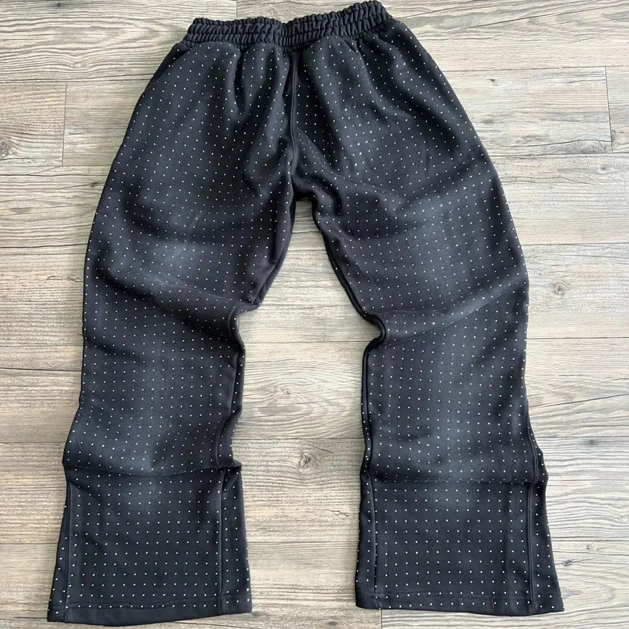 Oem Oversized Straight Wide Leg Sweatpants Men Custom Sun Faded Washed Elastic Waist Rhinestone Baggy Flared Sweat Pants