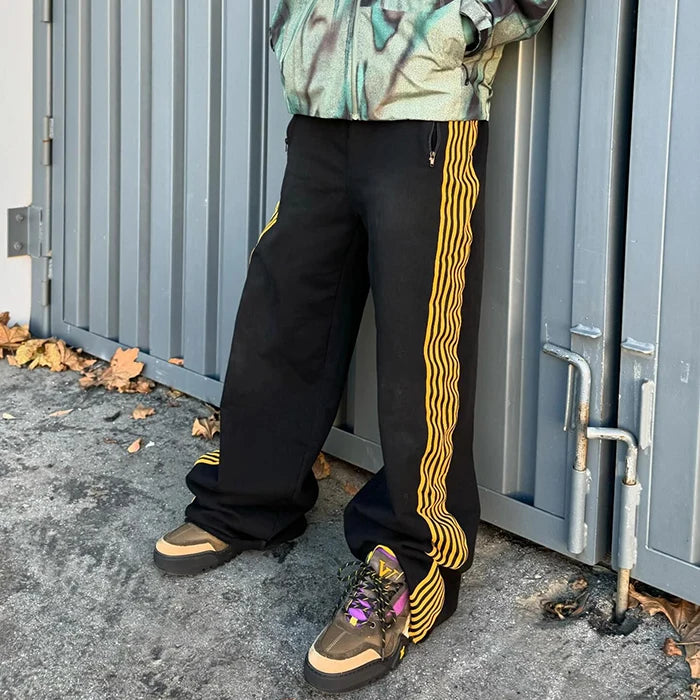 New Design Striped Side Split Bottom Track Sweat Pants Custom 100% Cotton Men Straight Wide Leg Double Waist Sweatpants