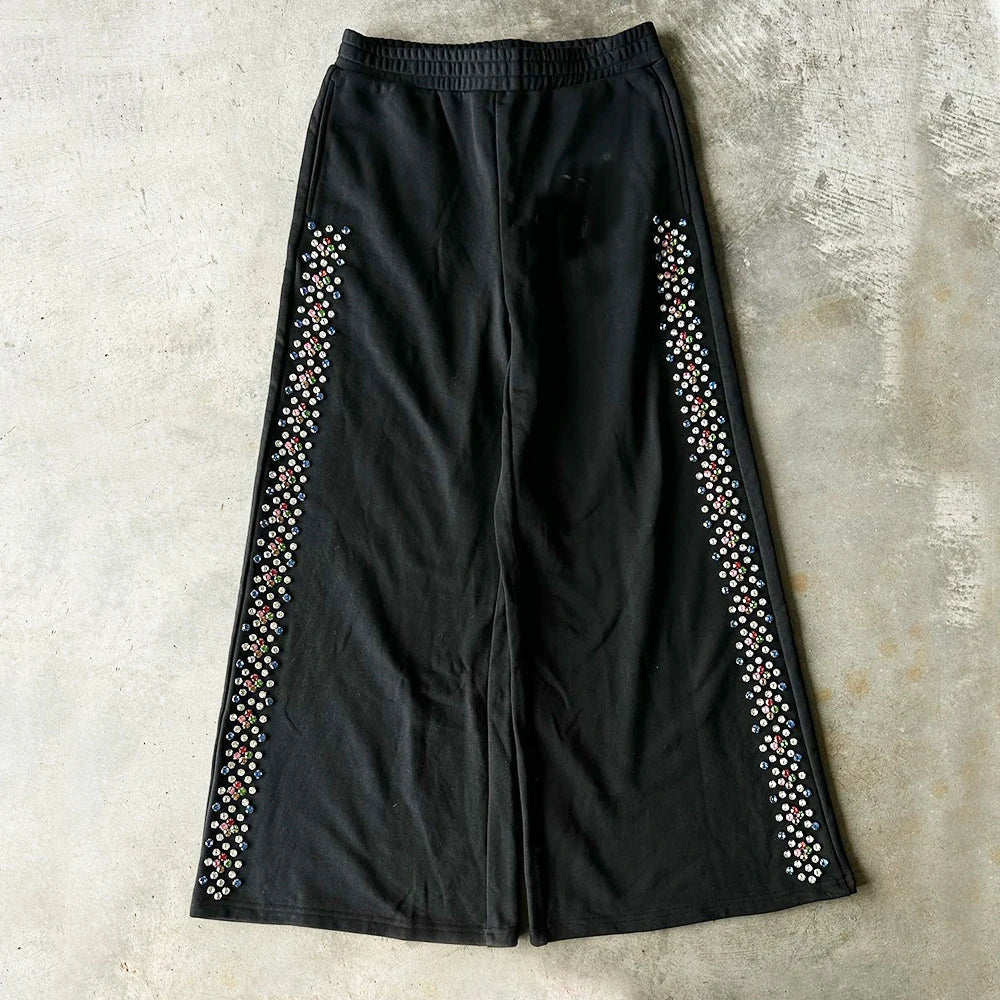 Oversized Fit Wide Leg Sweatpants Men Custom Thick Cotton Side Rhinestone Baggy Flared Sweatpants
