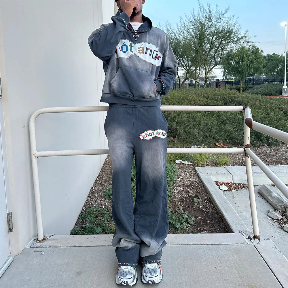 Oem Manufacturer Sunfaded Vintage Washed Two Piece Hoodie Sweatpants Sets Custom Rhinestone Men Tracksuit Sweatsuits Set