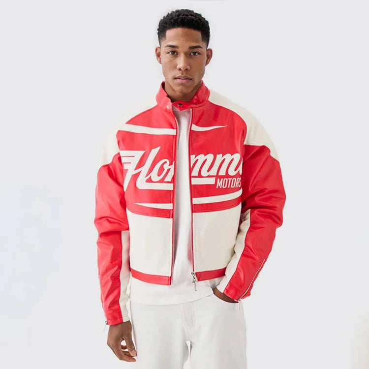 High Quality Custom Boucle PU Patchwork Bomber Racing Jacket Boxy Zipper Race Car Jackets Motorcycle Jacket For Men