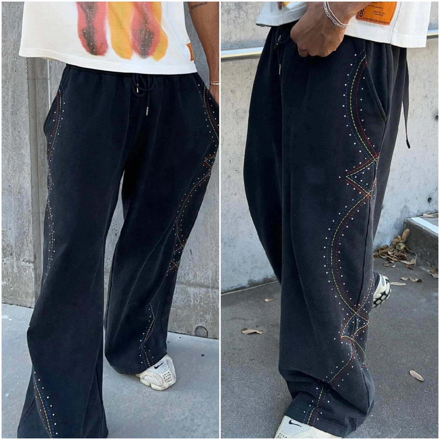 Heavyweight Cotton Unisxe Oversized Straight Leg Track Sweat Pants Men Custom Rhinestone Vintage Washed Baggy Sweatpants