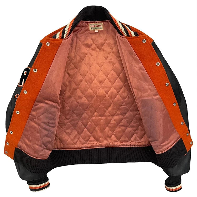 manufacture streetwear heavyweight contrast color embroidery letterman jacket mens custom sleeve leather varsity jacket