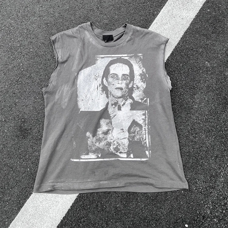 HL Hersteller Designer ärmellose Weste Fabrik Großhandel T-Shirt benutzerdefinierte Graffiti-Druck T-Shirt Männer Vintage Säure waschen T-Shirt