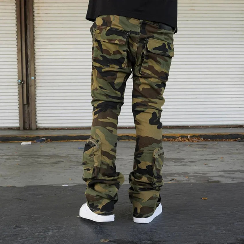 Clothing Manufacturer Jeans Men High Quality Multi- Functional Cargo Jeans Camo Pants Baggy Flare Stack Pockets Jeans