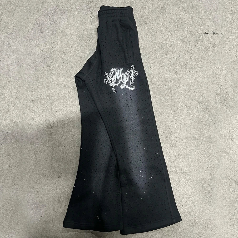 Hot Sale Heavyweight Cotton Elastic Waist Sweat Pants Men Custom Logo Print Allover Rhinestone Wide Leg Flared Sweatpanst