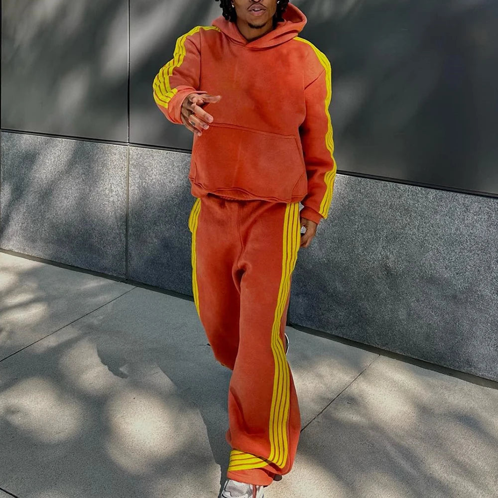 Heavyweight Cotton Two Piece Set Hoodie Sweatpants Custom Vintage Washed Sunfaded Men Striped Tracksuits Set